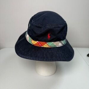 Polo Ralph Lauren Navy Tartan Plaid Band Chino Red Pony Bucket Hat Size Boy 8-20